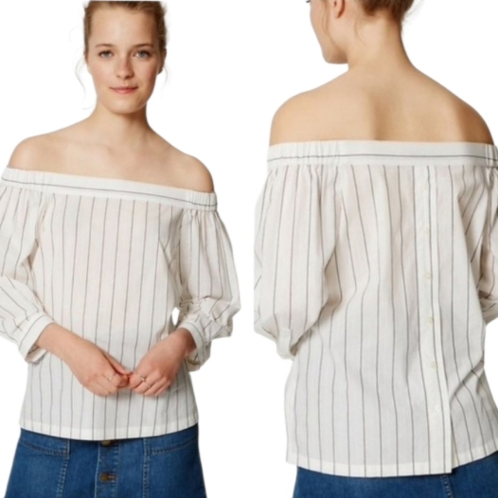 Loft white blue pinstripe off shoilder blouse top Womens Medium